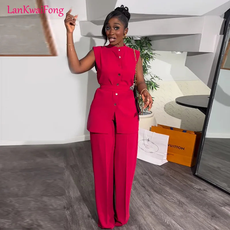 LKF Summer Commuter Casual Women's Set Stand up Collar Buckle Sleeveless Waist Tie Up Top Loose Pants 2-piece Set Wholesale