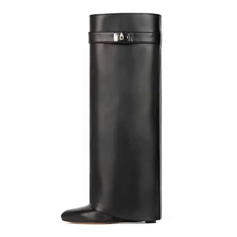 Shark Lock Women Boots Brand Design Genuine Leather Slip-on Knee High Boots For Woman Motorcycle Botas Mujer Fashion Wedge Shoes black