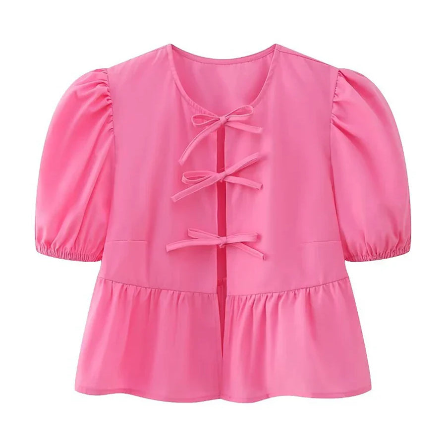 wsevypo Chic Summer Babydoll Shirts Solid/Stripe Short Women's Puff Sleeve Round Neck Tie-Up Front Peplum Blouses Top for Street F