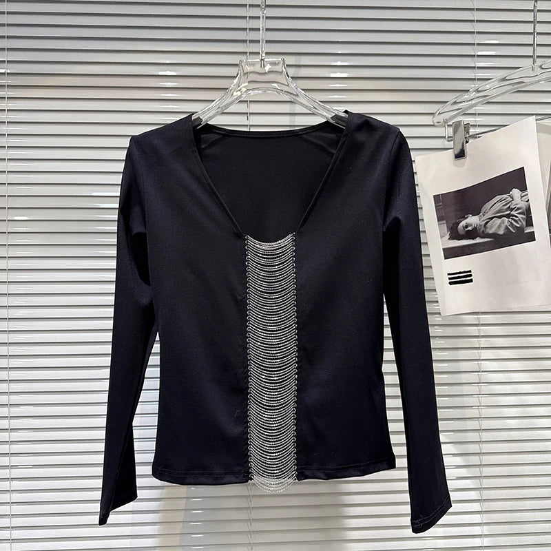 Winter New Fashionable Style V-Neck Beaded Tassel Design Long Sleeve T-Shirt For Women Versatile Tops Female 11A07950 Black