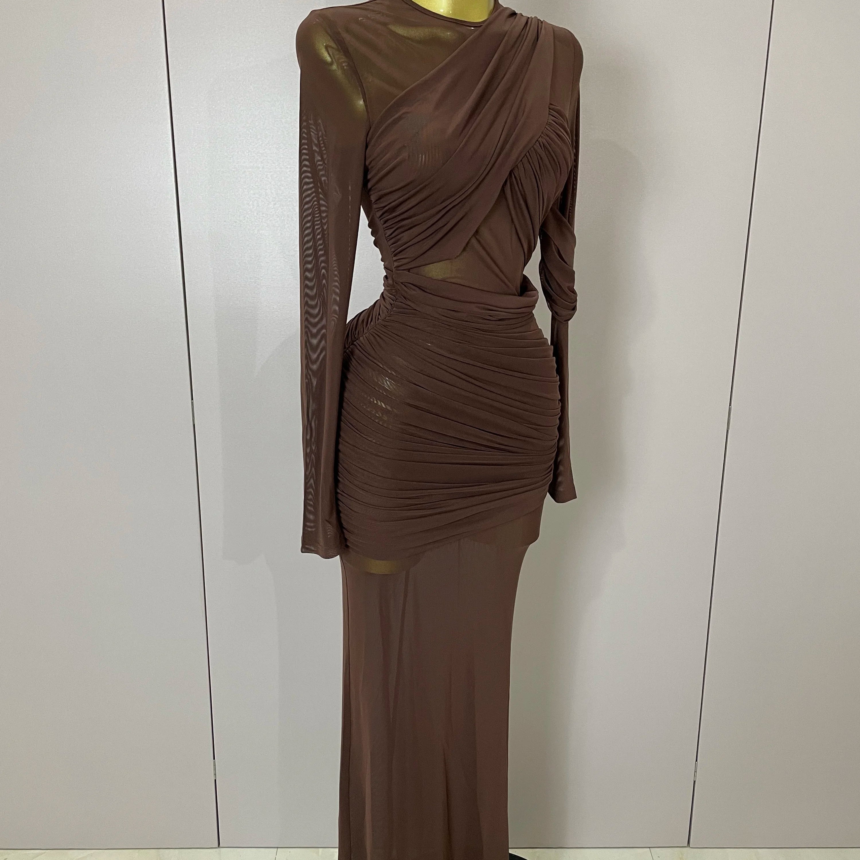 2025 Women Elegant Brown Mesh Fold Long Sleeve Bodycon Dress Evening Party Club Sexy Perspective Fashion Luxury Birthday Dresses