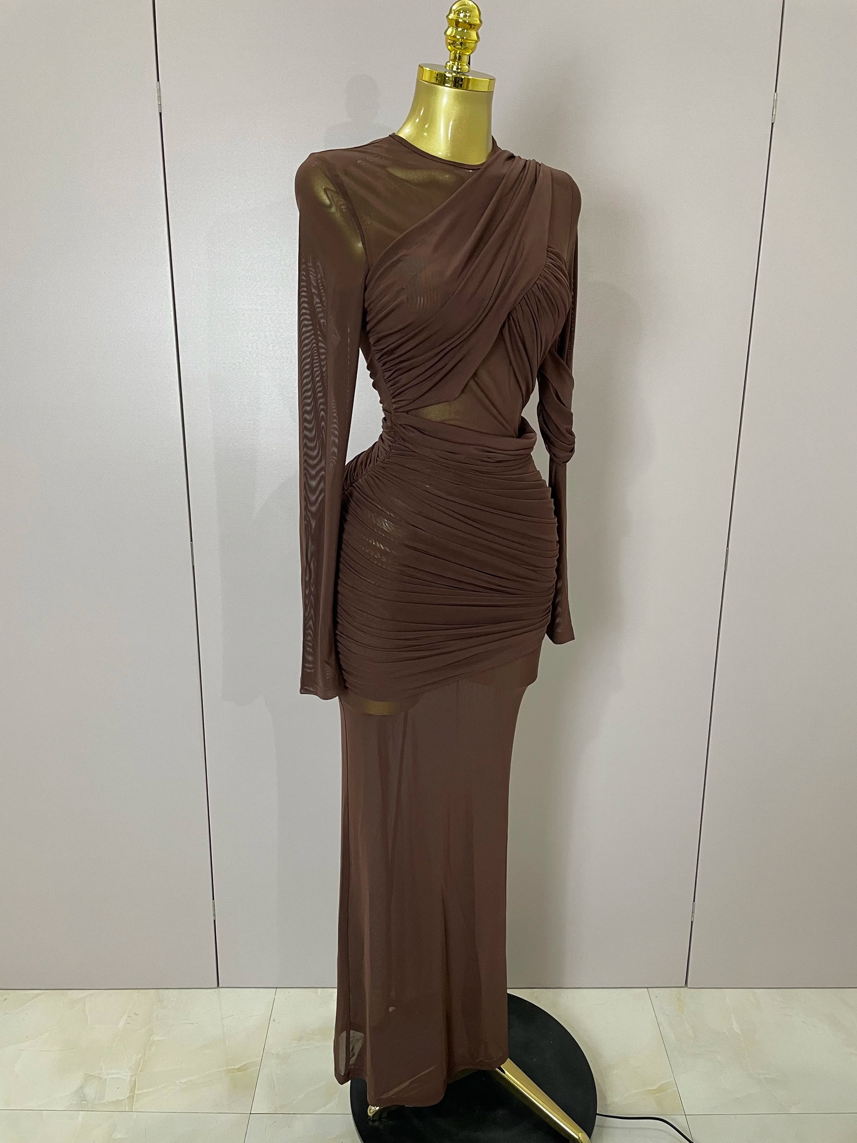 2025 Women Elegant Brown Mesh Fold Long Sleeve Bodycon Dress Evening Party Club Sexy Perspective Fashion Luxury Birthday Dresses
