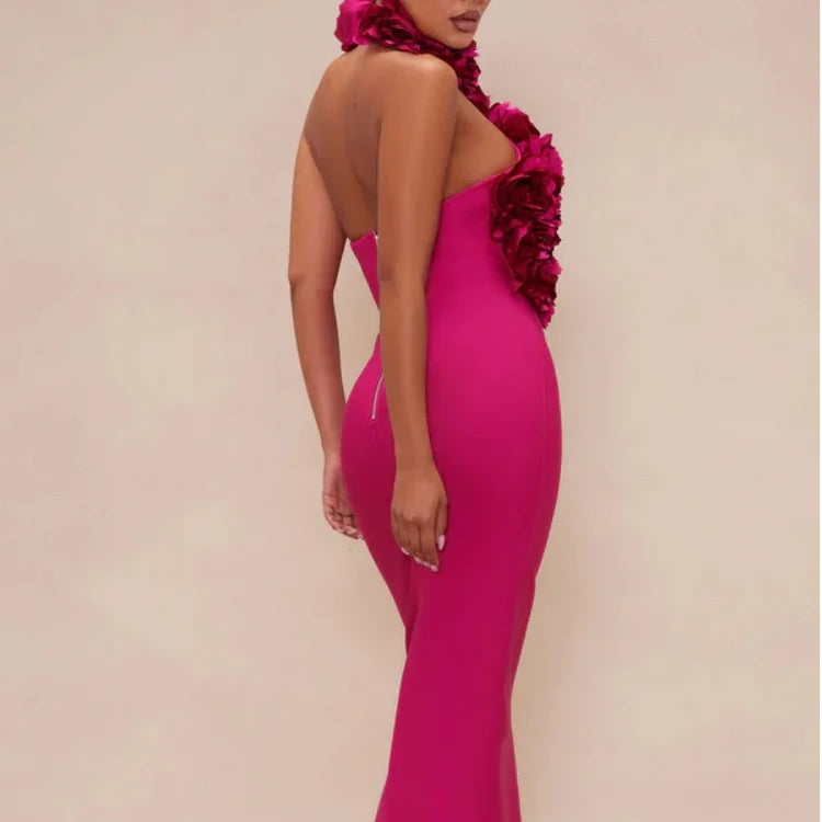 Rosered White Women Sexy Halter Off the Shoulder Backless Bodycon Long Bandage Dress Florals Celebrate Nightclub Party Wear