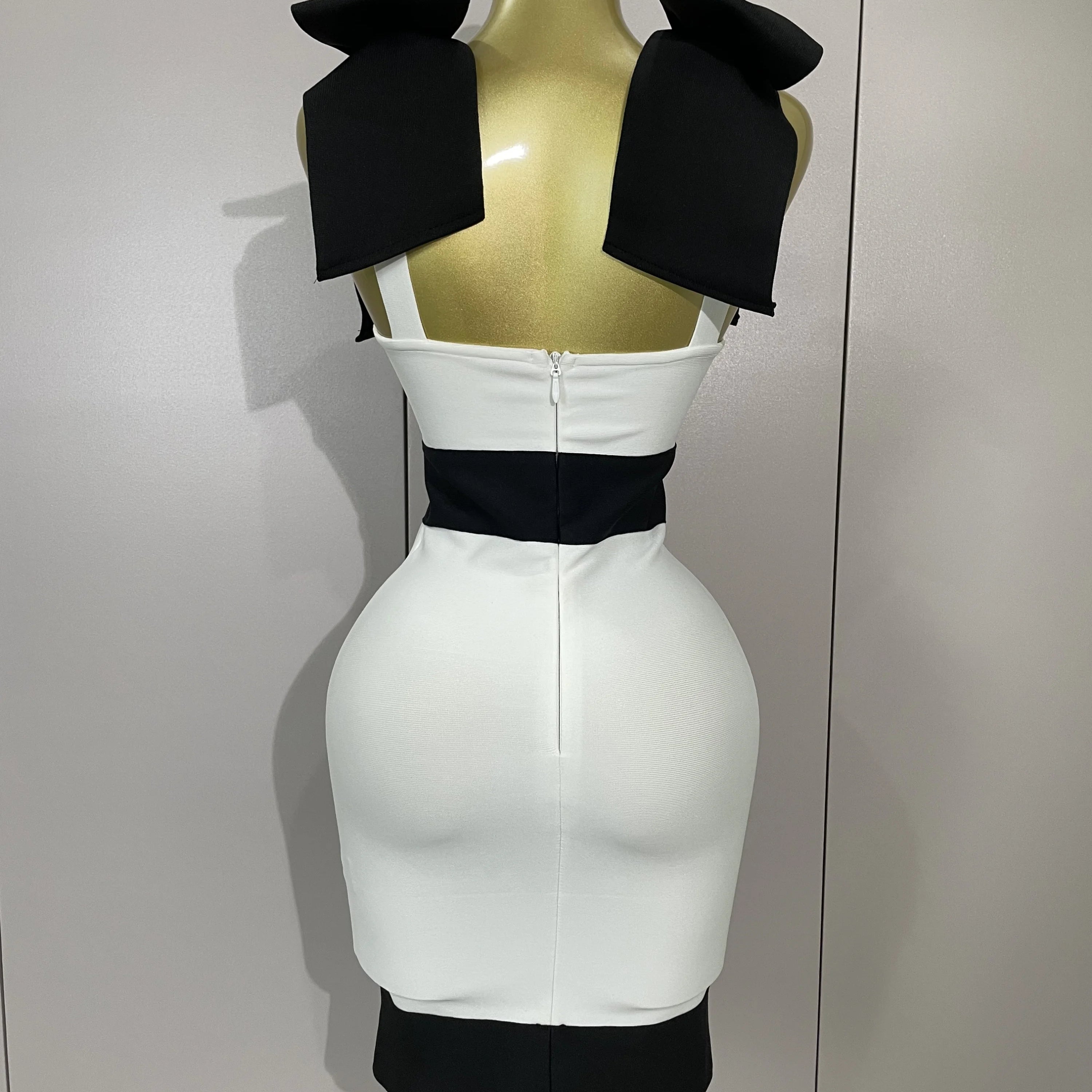 Sexy Bow Tie Black White Patchwork Bodycon Bandage Dress 2025 Women Celebrity Elegant Evening Club Party Birthday Dresses