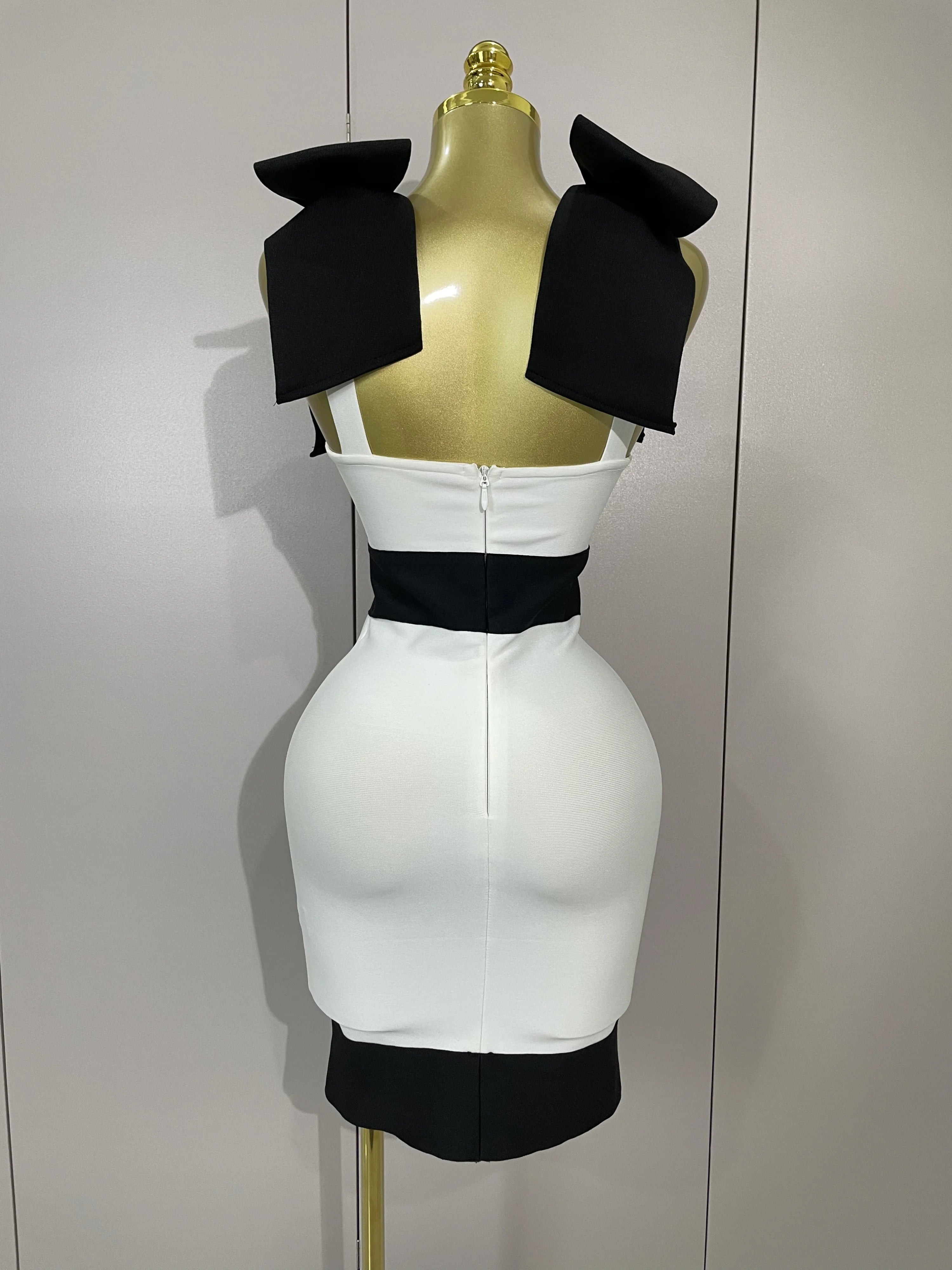 Sexy Bow Tie Black White Patchwork Bodycon Bandage Dress 2025 Women Celebrity Elegant Evening Club Party Birthday Dresses