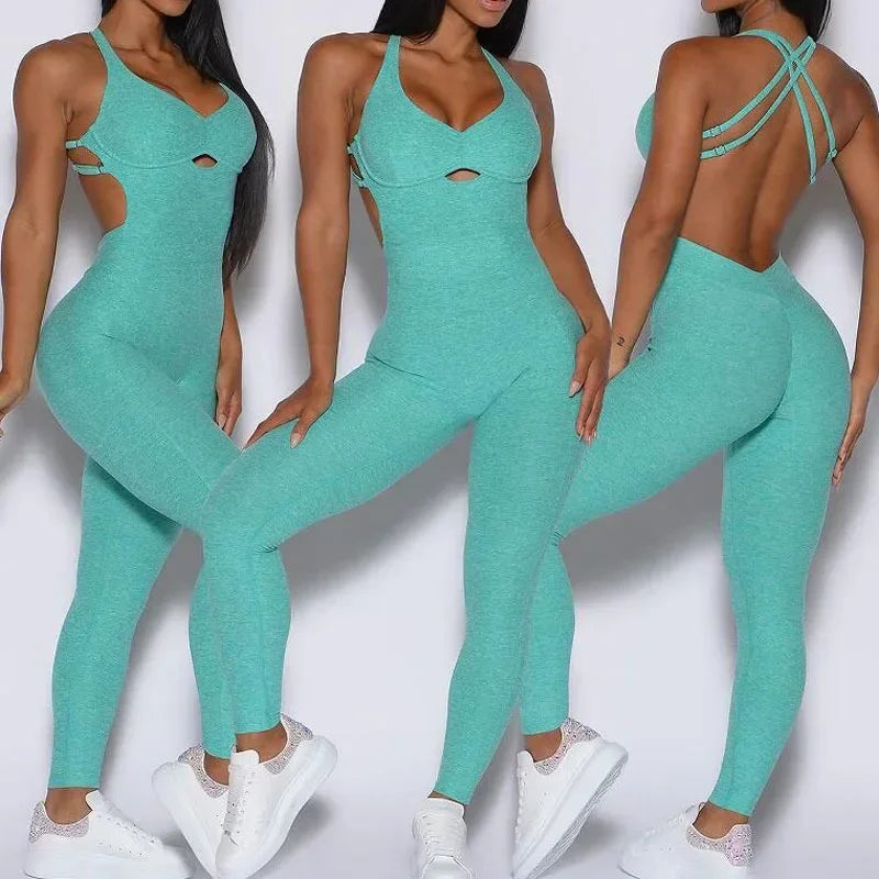 Sporty Jumpsuit Women Sportwear Push Up Gym Set Women Fitness Overalls Lycra Sport Outfit for Woman Sportswear Yoga Clothes PINK