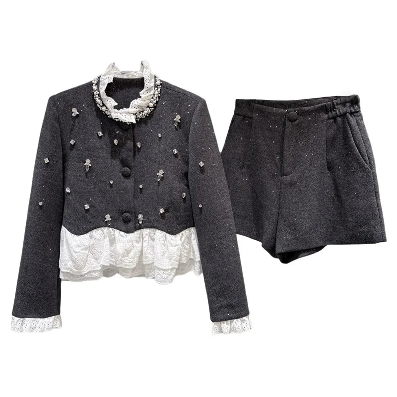 Winter New Fashion Style Handmade Beaded Cotton Lined Short Coat Woolen Shorts Two-pieces Set For Women 11A07555