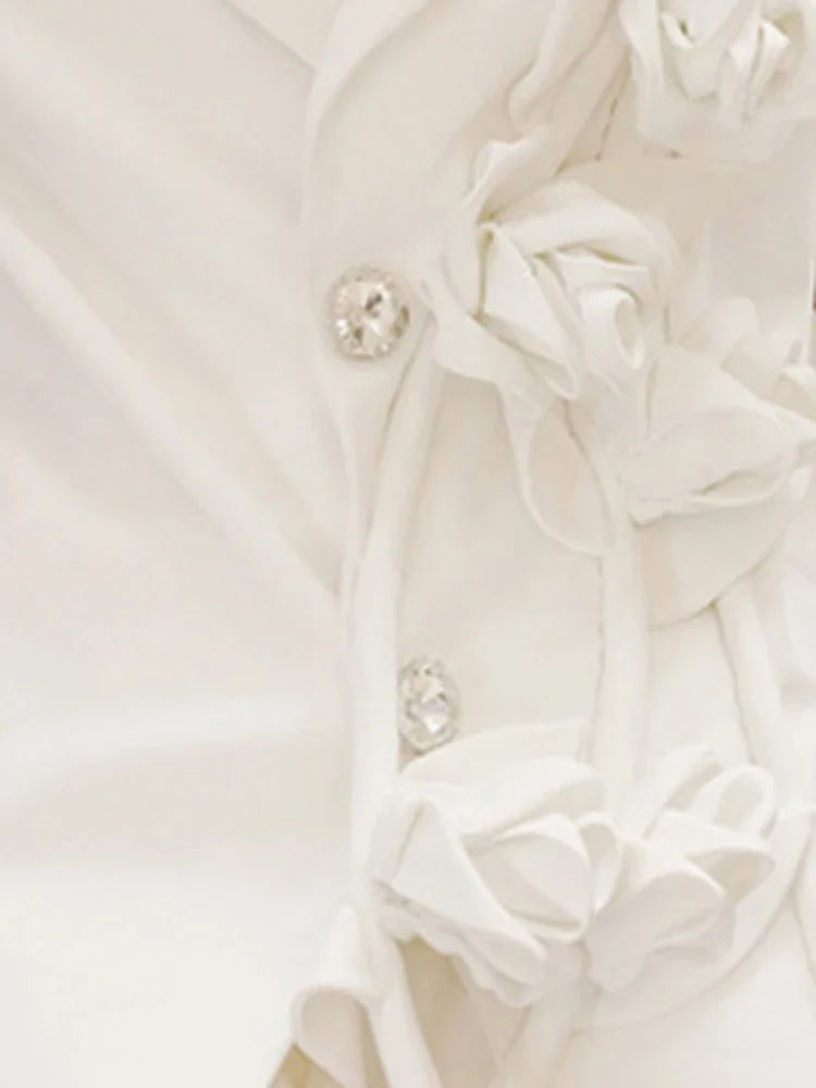 DEAT Fashion Women's Blazer Notched Collar Loose Diamonds Buttons Spliced Flower White Suit Jackets summer New 17A7225