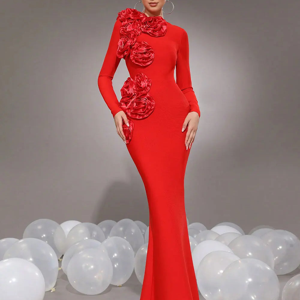 2025 Elegant Women's 3D Flower Decorative Bandage Dress O-neck Long Sleeve Bodycon Long Dress Cocktail Evening Party Vestidos Red