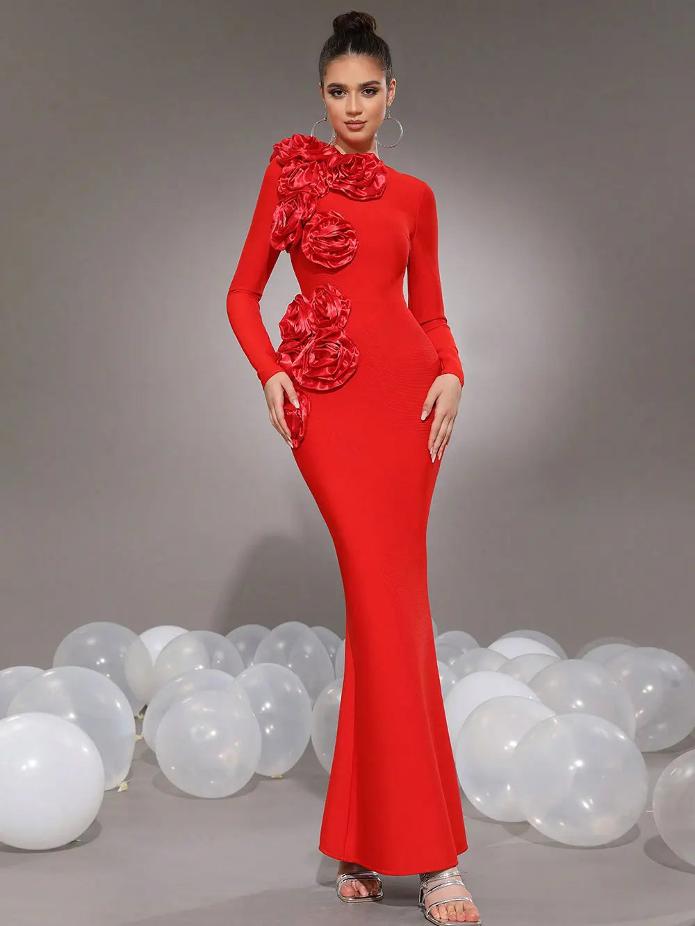 2025 Elegant Women's 3D Flower Decorative Bandage Dress O-neck Long Sleeve Bodycon Long Dress Cocktail Evening Party Vestidos Red