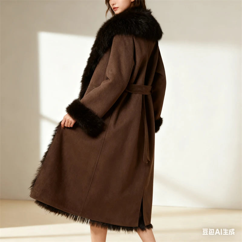 Chic Brown Long Coat for Women - Faux Fur Collar & Cuffs Belted Trench Coat for Cold Weather