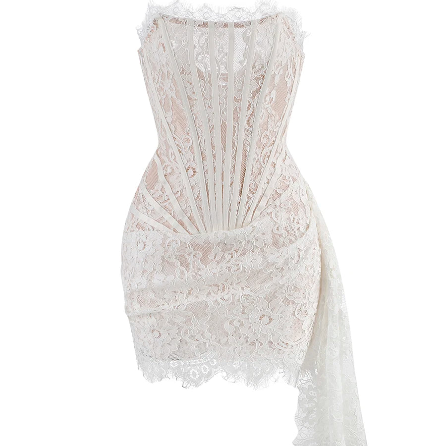 Christmas Dress For Women Red Lace Sexy Strapless Sleeveless Slim Supper Short Dress With Lace-Up WHITE