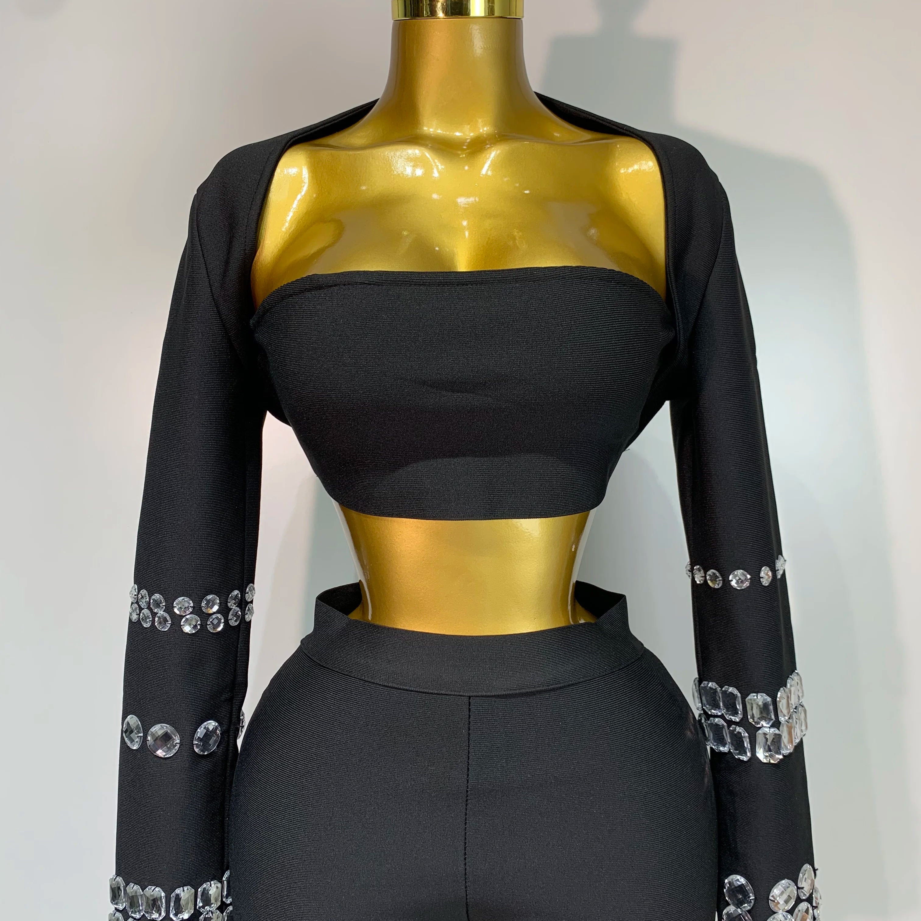 Women Celebrity Sexy Long Sleeve Beading Black Bodycon Bandage Three Piece Set Elegant Evening Club Party Birthday Outfits