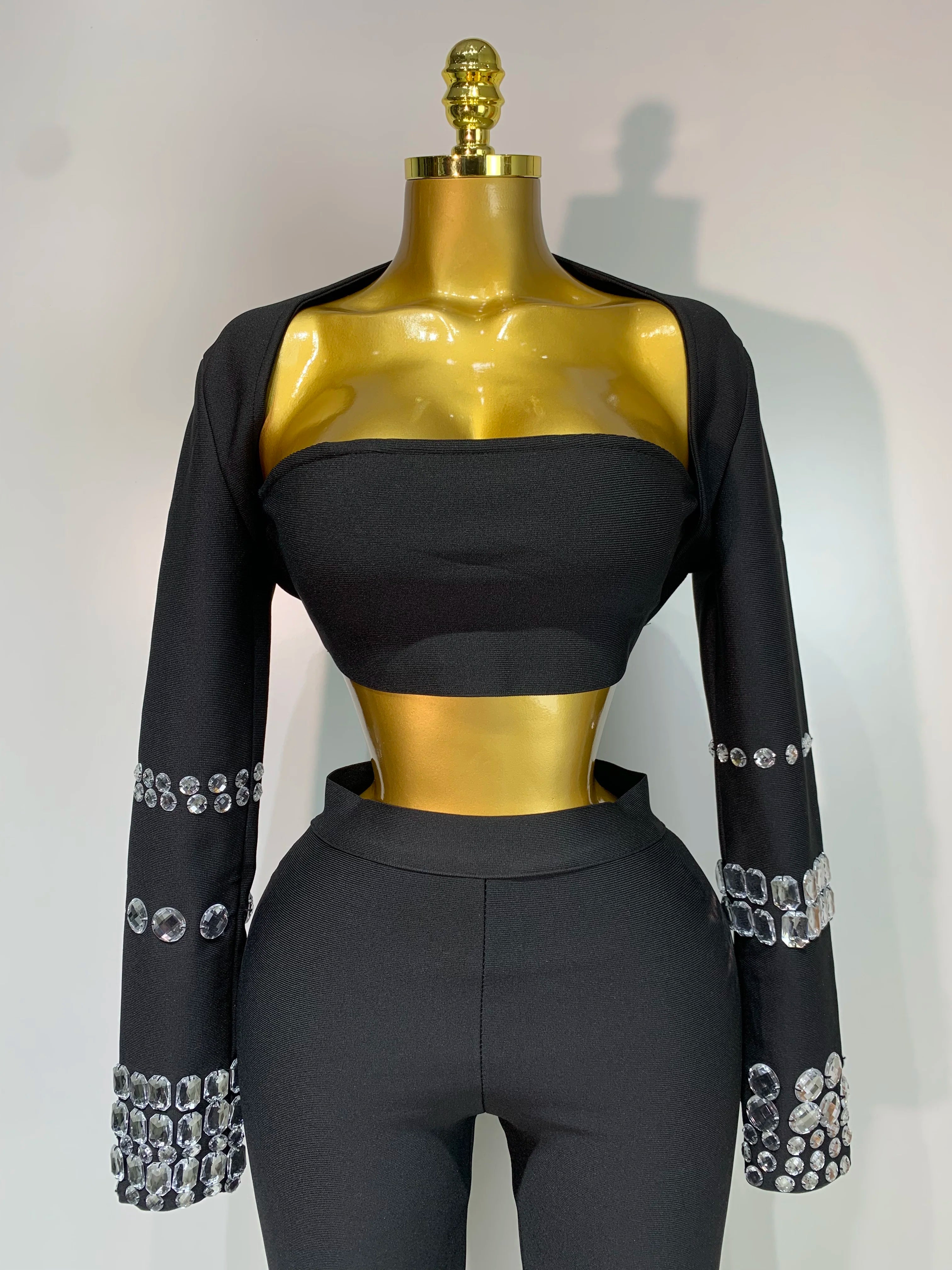 Women Celebrity Sexy Long Sleeve Beading Black Bodycon Bandage Three Piece Set Elegant Evening Club Party Birthday Outfits