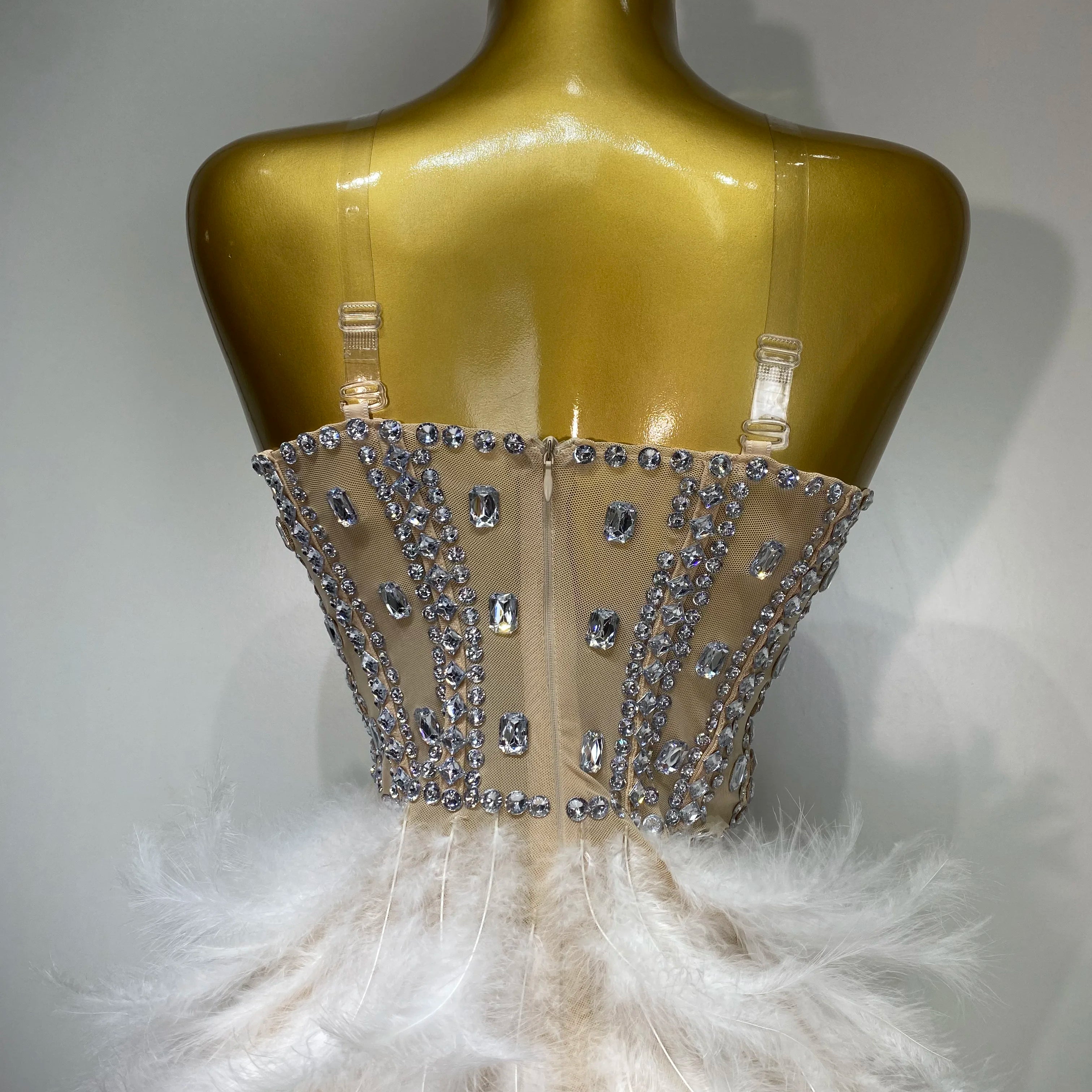 Women Sexy Sparkly Rhinestone Feather Mesh Long Dress Elegant Evening Party Celebrate Luxury Birthday Singer Stage Costume