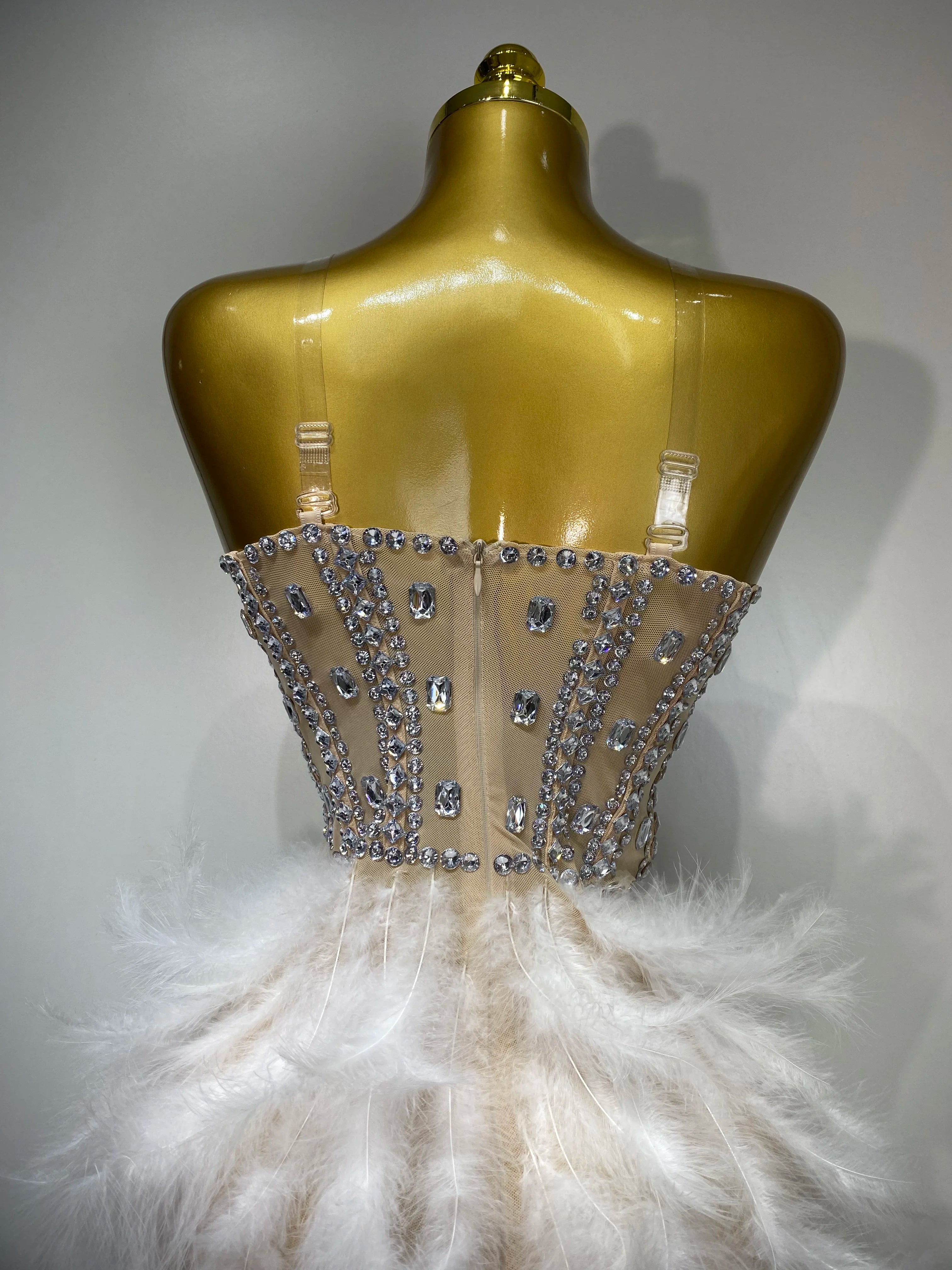 Women Sexy Sparkly Rhinestone Feather Mesh Long Dress Elegant Evening Party Celebrate Luxury Birthday Singer Stage Costume