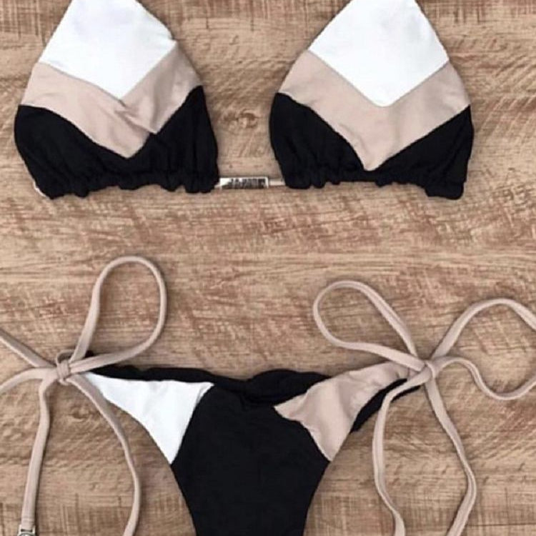 Sexy Halter Swimsuit Thong Micro Bikini Push Up - Brazilian Bikini Tropical Plant Print Swimwear String Mini Swimsuit