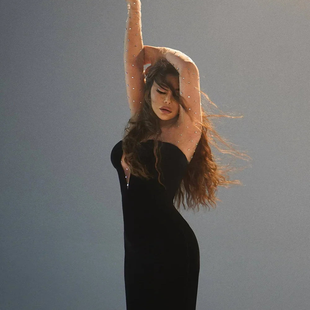 Ailigou New Women's Formal Evening Dress Wearing Sexy Mesh Long sleeved Patch Black Velvet Beaded Evening Dress