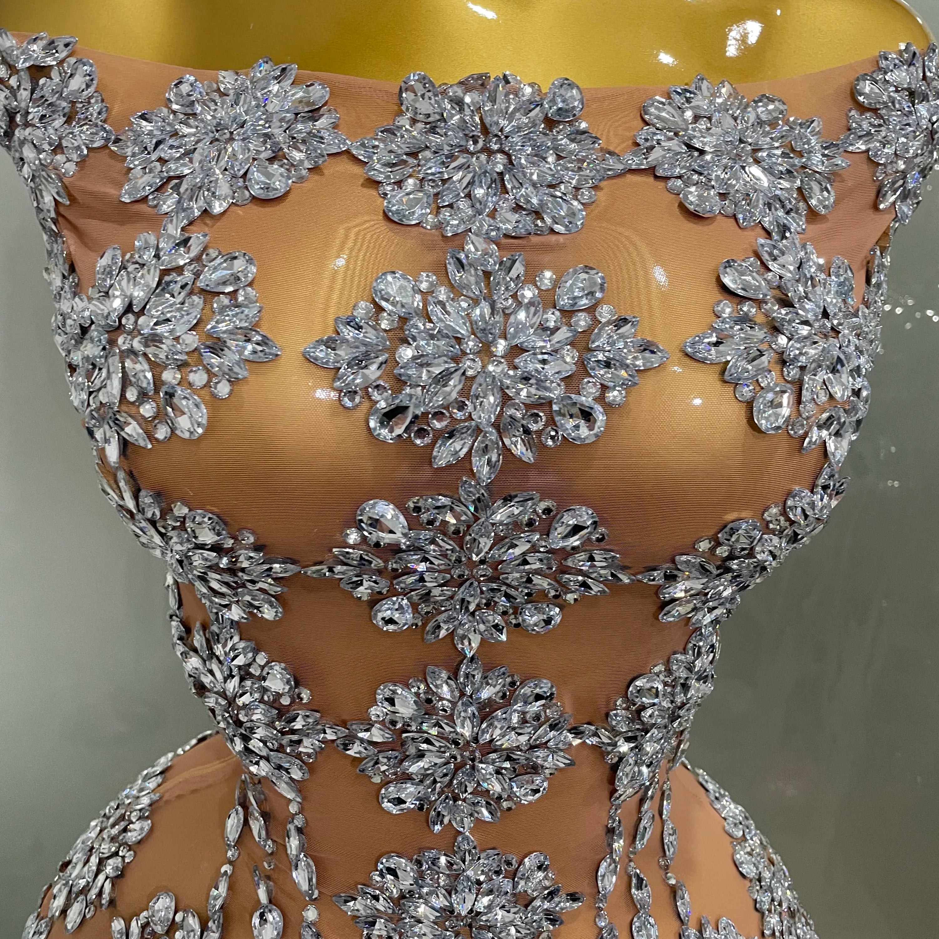 Luxury Sparkly Rhinestone Mesh Mini Dress 2025Women Sexy Nightclub Party Dance Performance Costume Singer Dancer Show Stage Wear