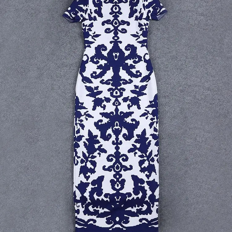 Ailigou Women's Sexy Short sleeved Blue and White Porcelain Printed Tight Long Bandage Dress Elegant Celebrity Party Dress