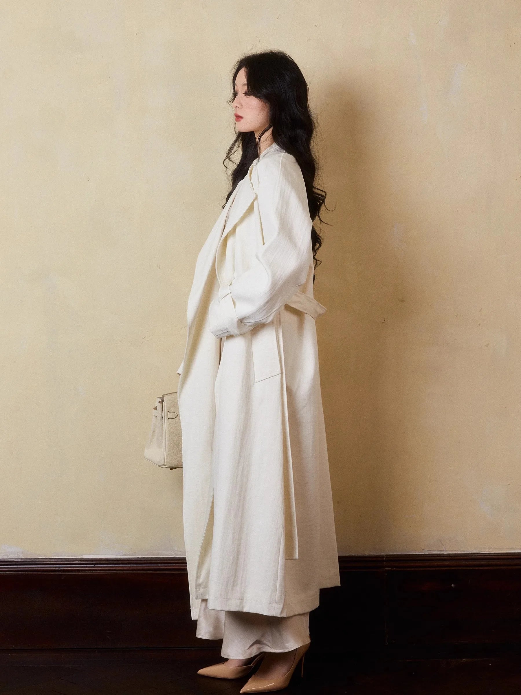 Lautaro Spring Autumn Oversized Long Linen Trench Coat for Women Sashes Loose Casual Flowy Korean Fashion Clothes Overcoat 2025