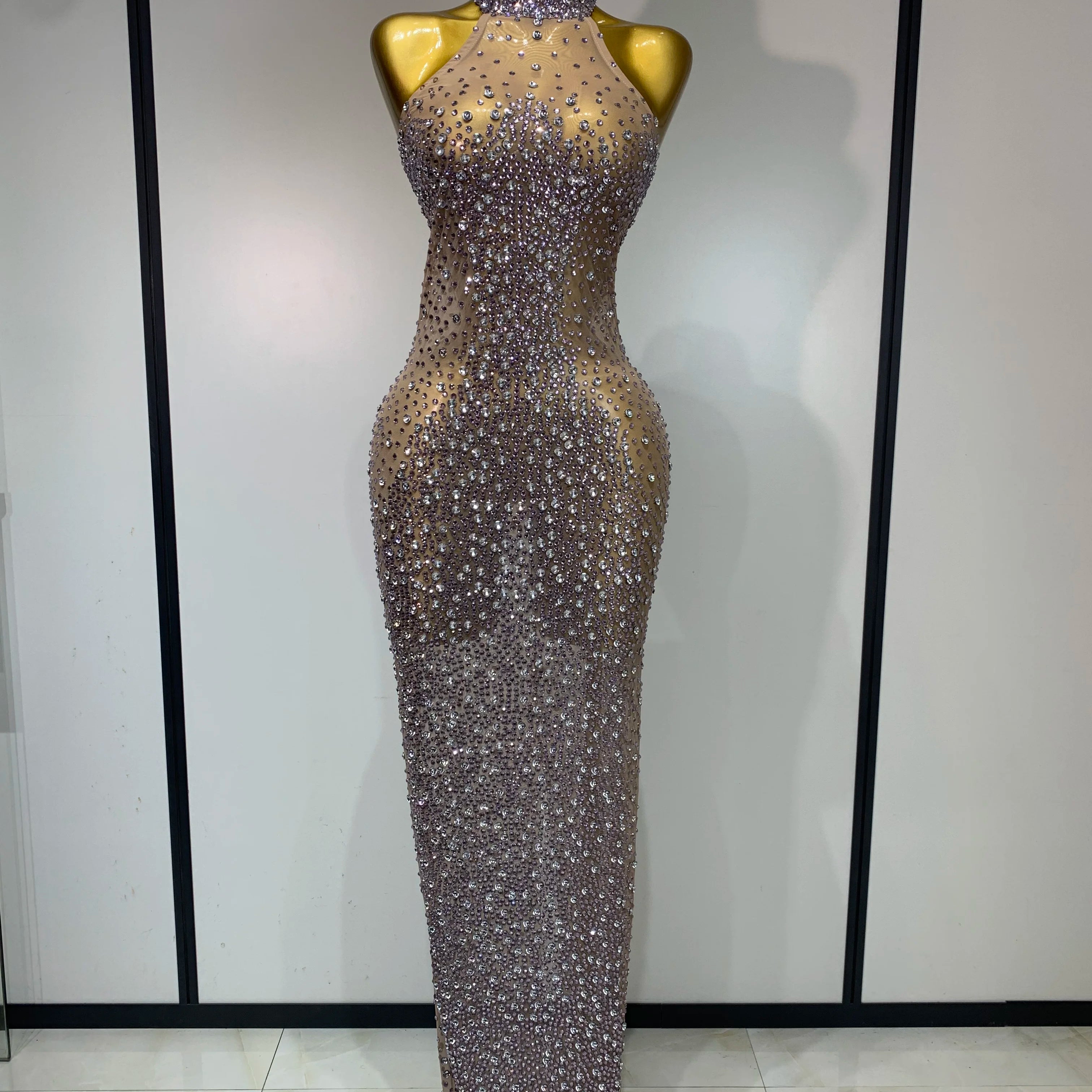 Women Luxury Birthday Celebrate Dress Dancer Party Show Stage Outfit 2025 Sparkly Rhinestone Elastic Mesh See Through Long Dress Light Purple