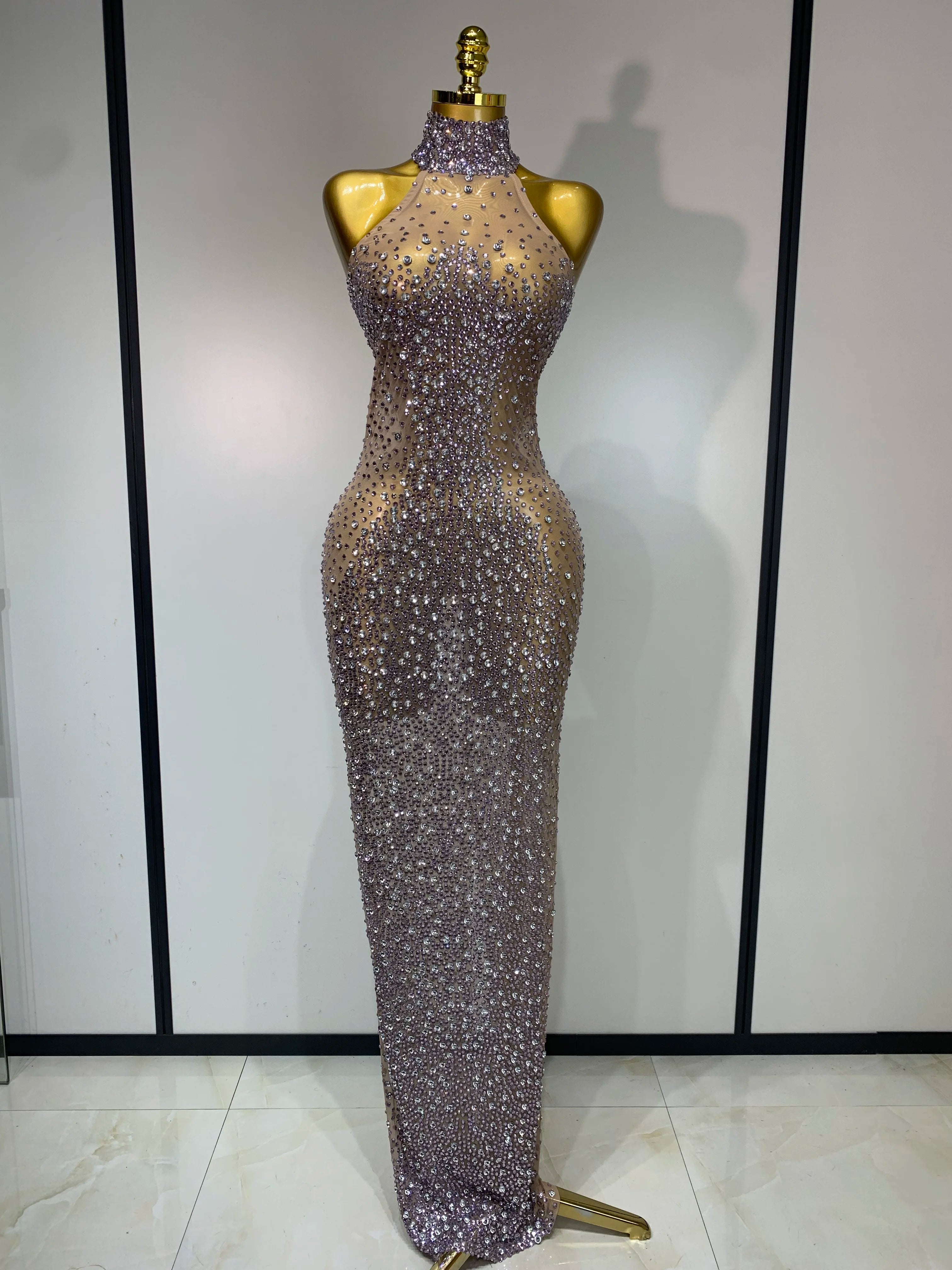 Sparkly Rhinestones Sleeveless Dress Sexy Mesh Transparent Celebrate Evening Wedding Prom Luxury Birthday Dresses Stage Outfit Light Purple
