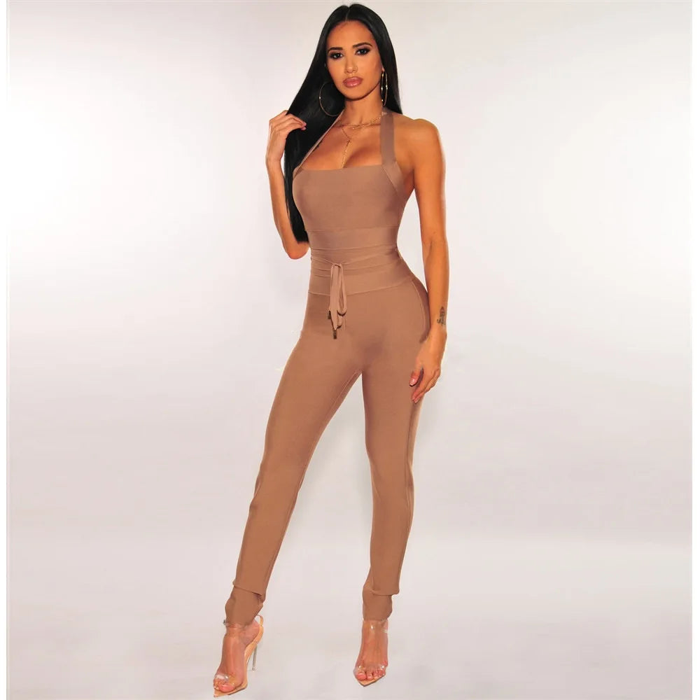 STOCK Sleeveless Halter Package Hips Badycon Bandage Jumpsuit Fashion Woman High Street Wear Nightclub Party Outfit Khaki