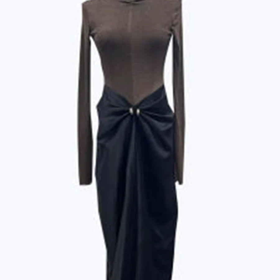 Slimming Two Piece Sets for Women High Neck Long Sleeves Minimalism Top High Waist Patchwork Folds Skirt Female New BROWN
