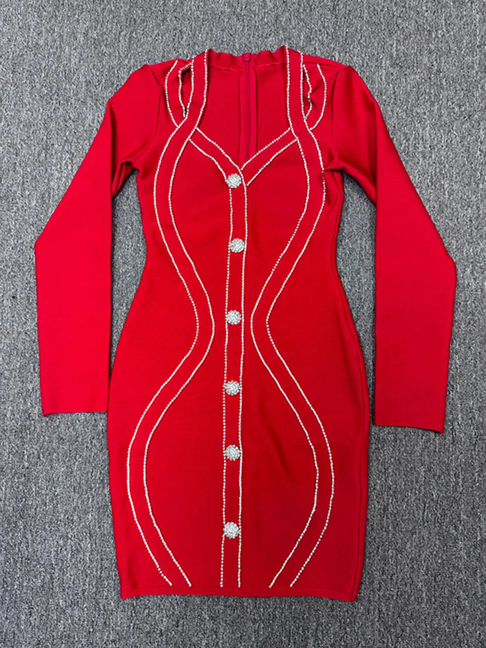 2025 Spring Elegant Women Diamond Set Bandage Dress V-neck Long Sleeve Bodycon Single breasted Mini Dress Evening Party Vestidos Red