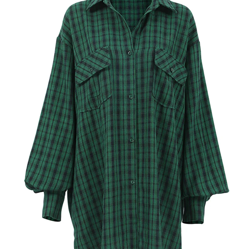 Bclout Casual Green Plaids Loose Blouses For Women 2022 Winter Vintage Long Sleeve Party Shirts Flannel Elegant Office Lady Tops