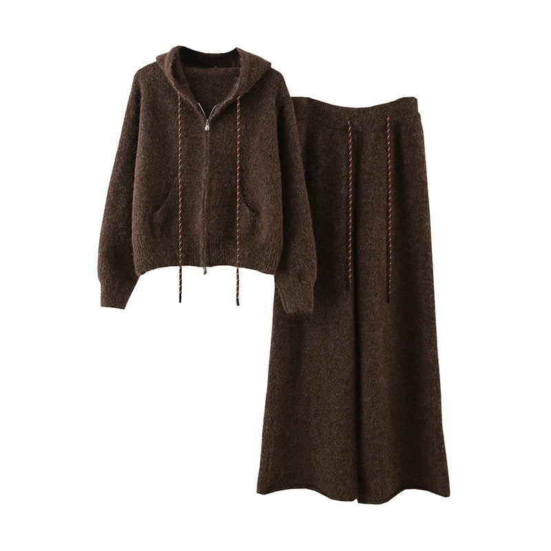 Autumn Winter New Fashion Casual Suit For Women Hooded Sweatshirt Knitted Sweater Coat Wide-Leg Long Pants 11A07839