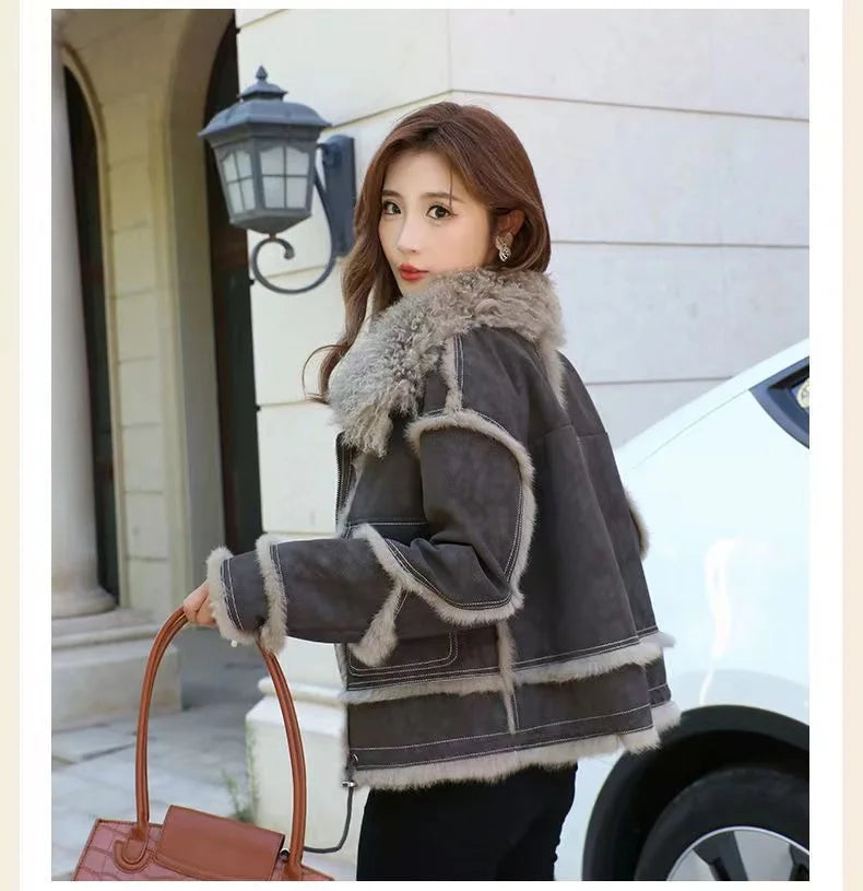 2023 Winter Short Women's Natural Rabbit Hair Lined Sheepskin Collar Coat Fashion Luxury Warm Leather Coat Grey