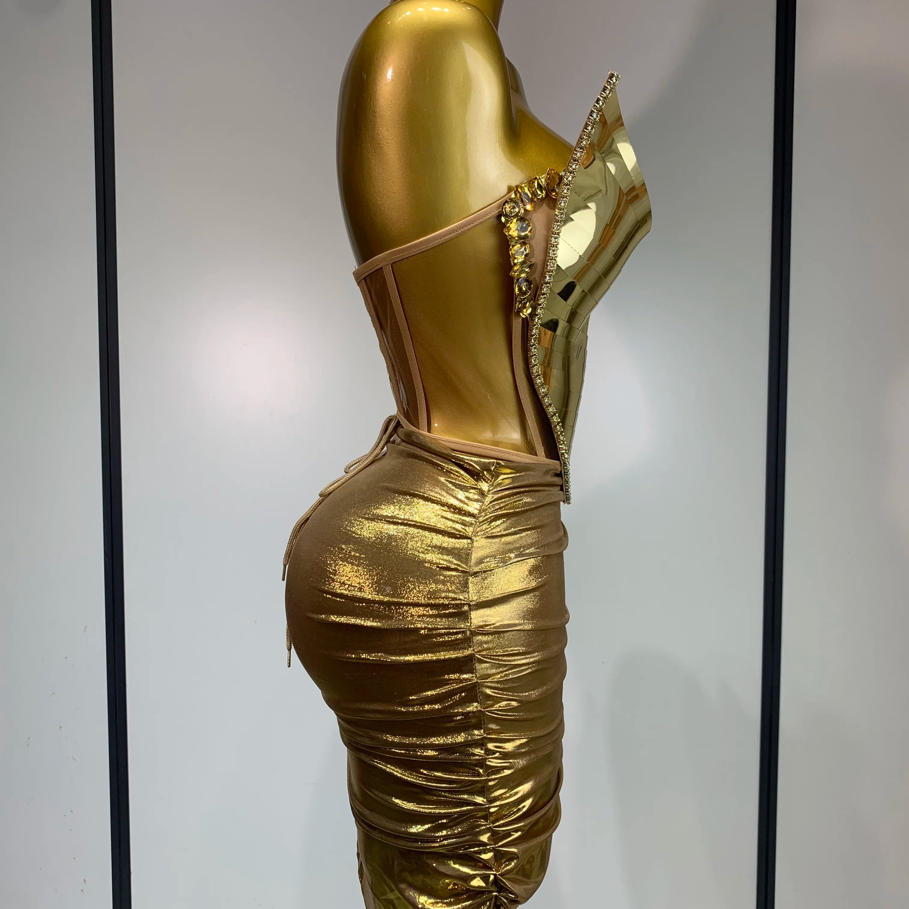 2025 Sparkly Gold Sequin Sexy Top Two Pieces Set Women Celebrate Party Birthday NightClub Performance Dancer Show Stage Outfit