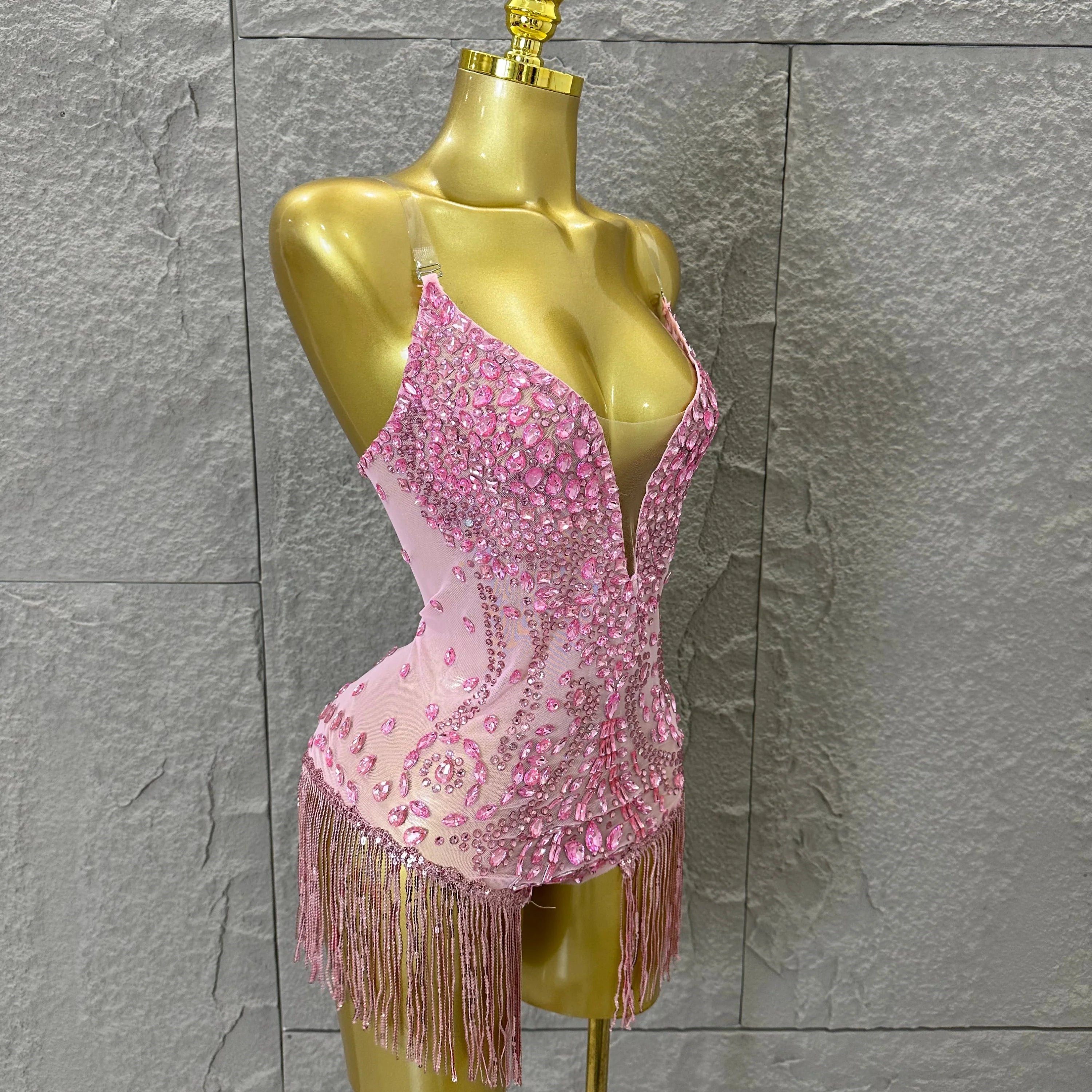 Pink Spaghetti Strap Bodysuit Women Sexy Deep V Neck Sheer Mesh Crystal Embellished Fringe Form-Fitting Formal Event Outfit