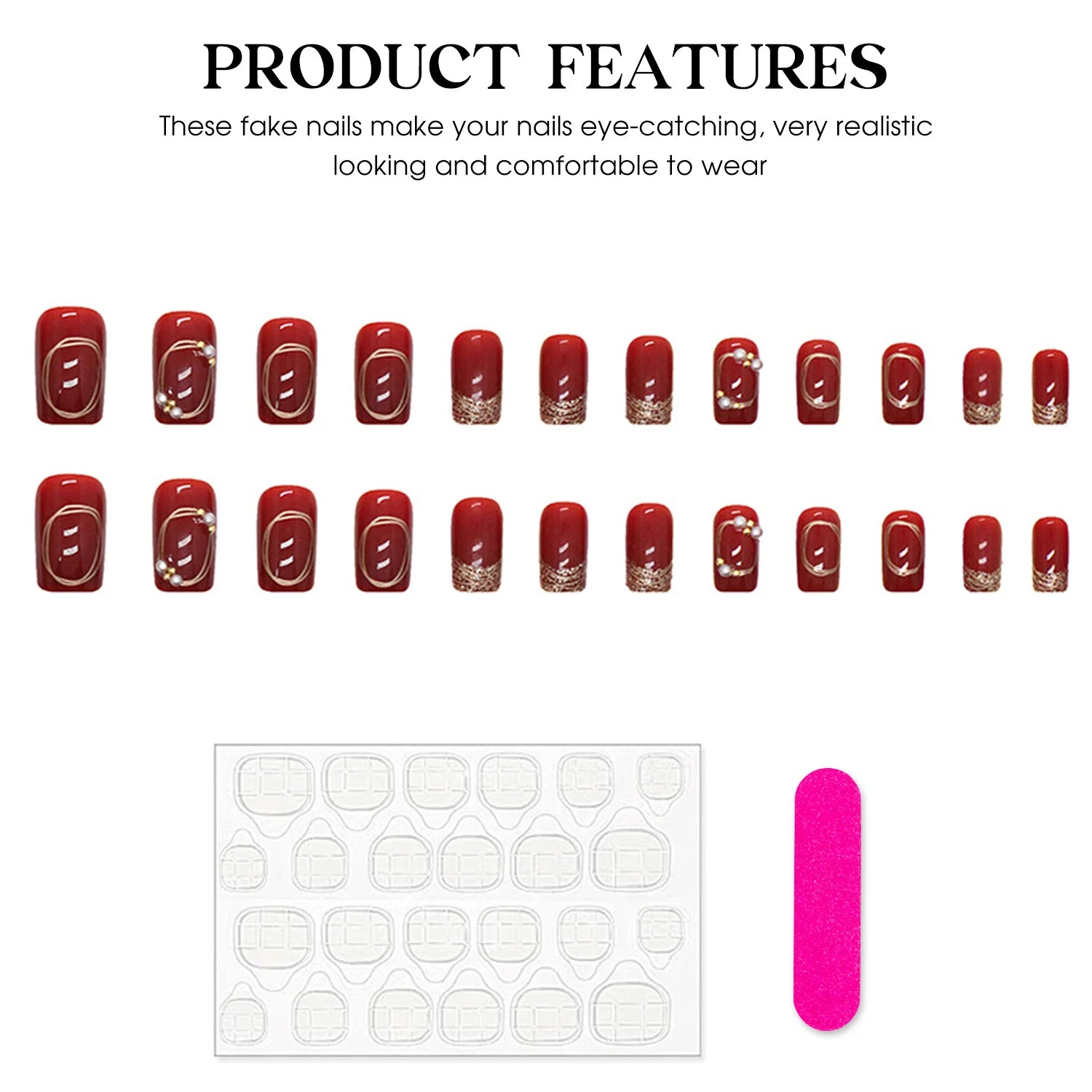 Women New Year Party Wine Red Fake Nails 24Pcs Gold French Press On Nails Short Square Wearable False Nails Patches DIY Manicure