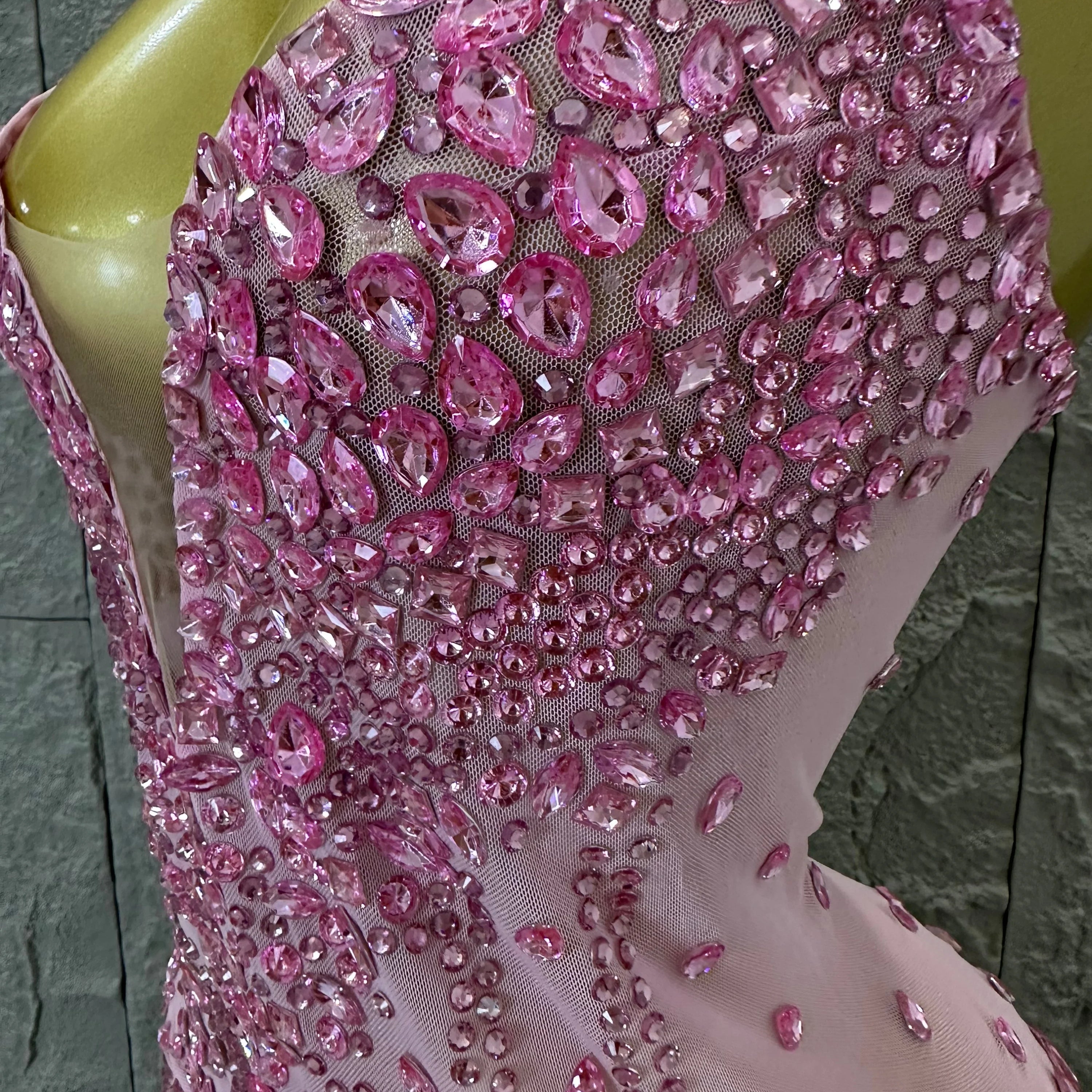 Pink Spaghetti Strap Bodysuit Women Sexy Deep V Neck Sheer Mesh Crystal Embellished Fringe Form-Fitting Formal Event Outfit