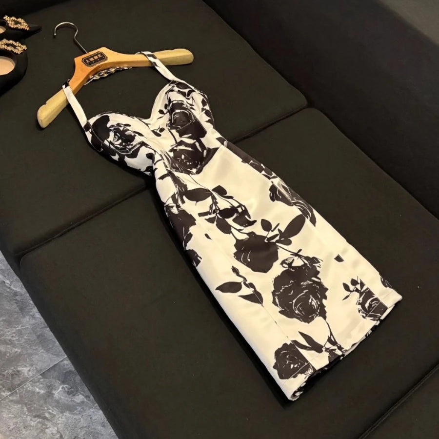 Hit Color Slimming Spliced Printing Dresses for Women Halter Neck Sleeveless Temperament Dress Female Fashion New BLACKWHITE