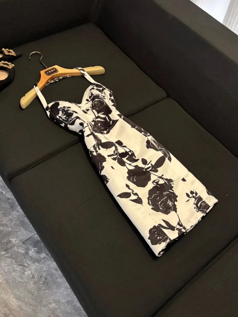 Hit Color Slimming Spliced Printing Dresses for Women Halter Neck Sleeveless Temperament Dress Female Fashion New BLACKWHITE