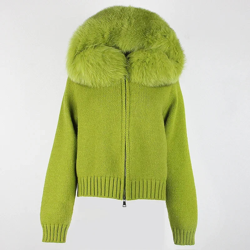 Coat Women Cardigan Natural Fox Fur Coat Women Real Mongolian Fur Knitwear Female Spring Autumn Hooded Knitted Fur Jacket Green fox One Size