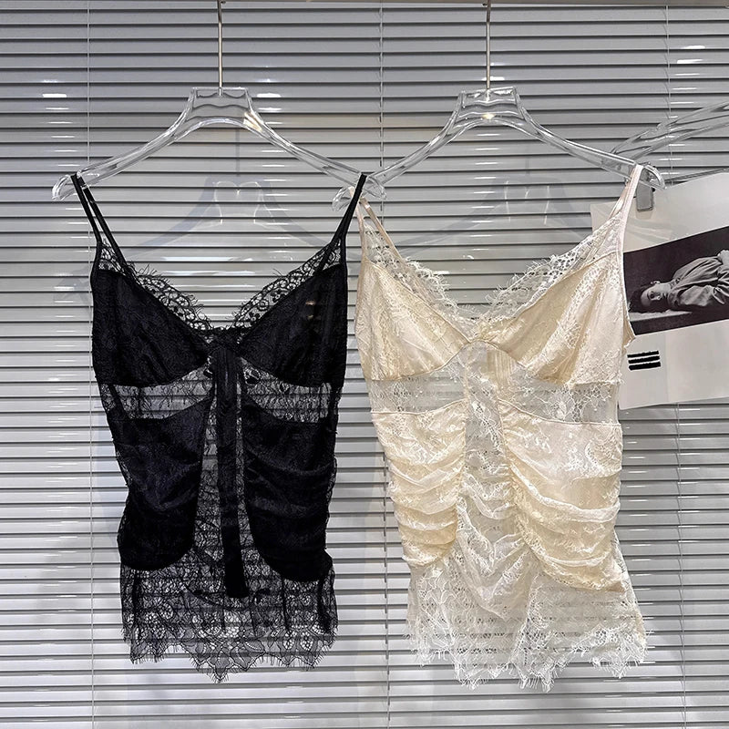 Winter New Fashion Lace See-through Patchwork Zipper Design Camisole For Women Versatile Backless Tank Top 11A07482