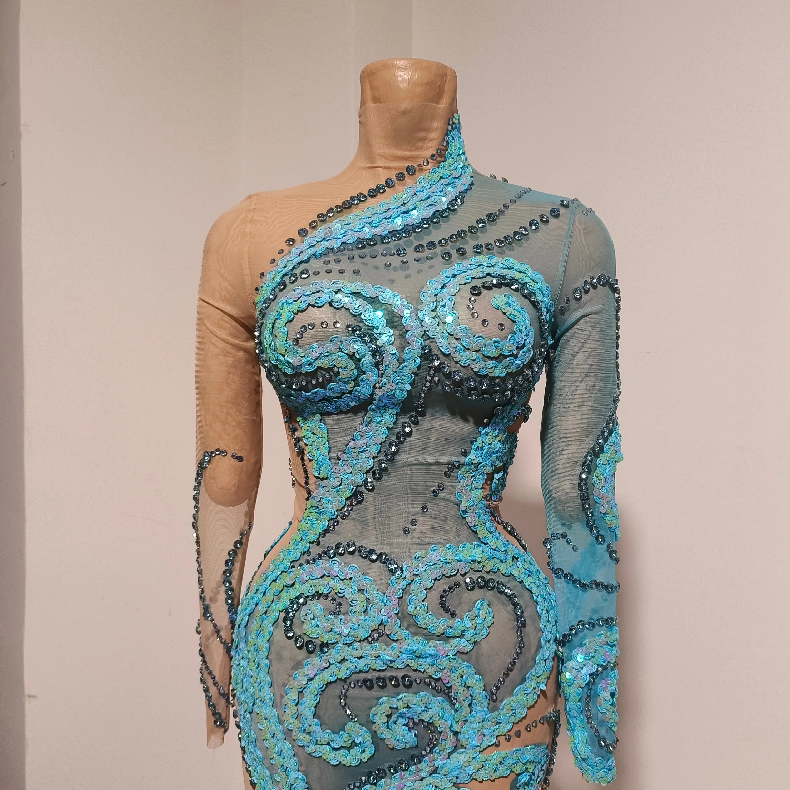 Luxury Sheer Mesh Bodycon Gown Cocktail Party Red Carpet Performance Outfit Elegant Blue Crystal Embellished Mini Dress Women