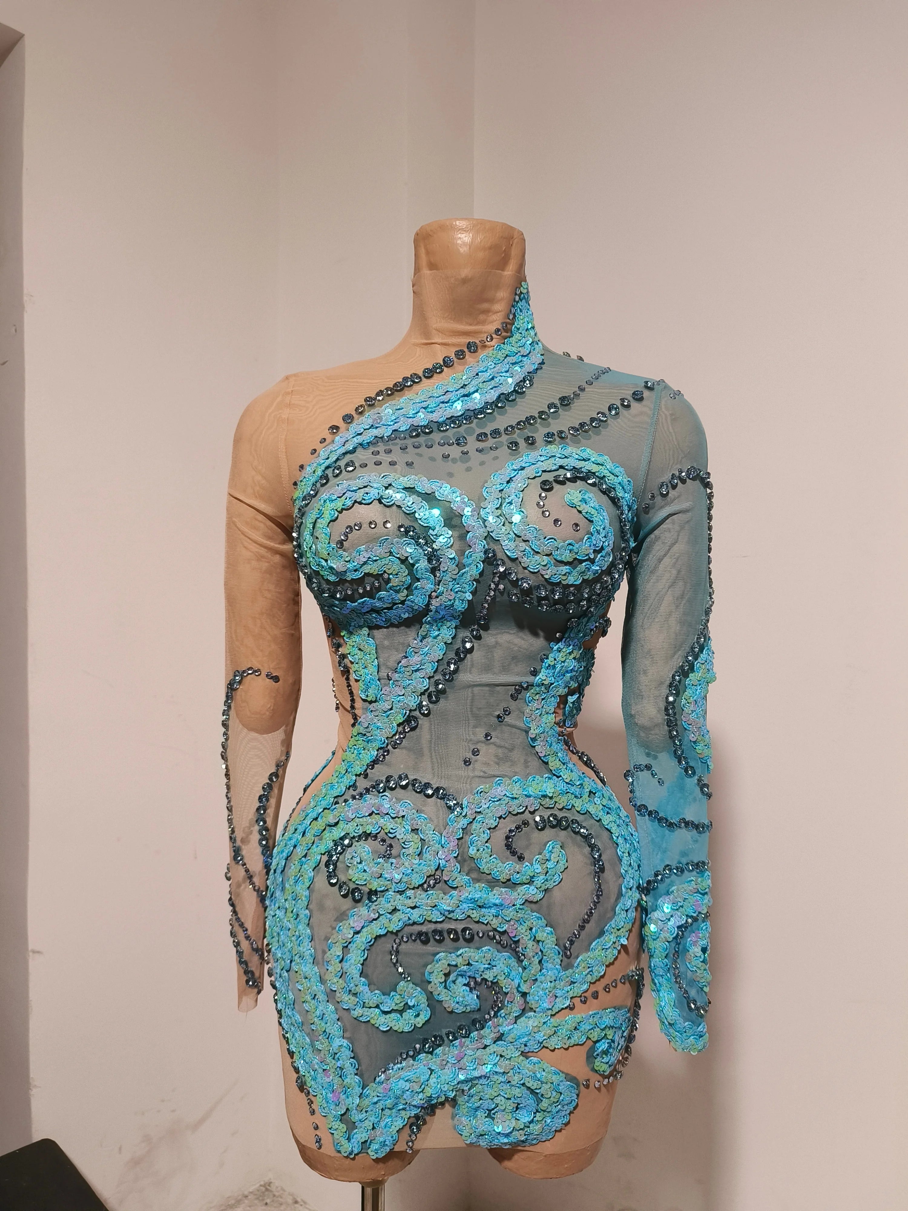 Luxury Sheer Mesh Bodycon Gown Cocktail Party Red Carpet Performance Outfit Elegant Blue Crystal Embellished Mini Dress Women