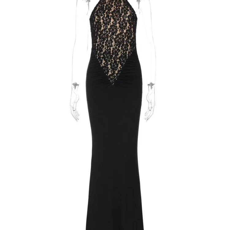 Mozision Lace Halter Backless Sexy Maxi Dress For Women Black Off-shoulder Strapless Sleeveless Bodycon Club Party Long Dress