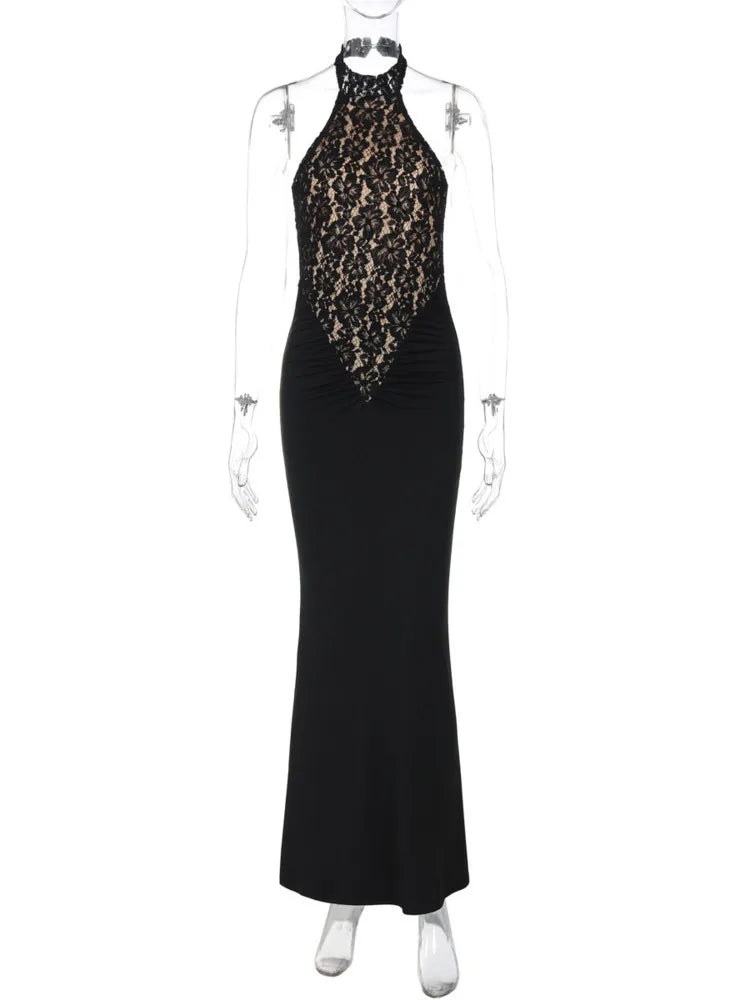 Mozision Lace Halter Backless Sexy Maxi Dress For Women Black Off-shoulder Strapless Sleeveless Bodycon Club Party Long Dress