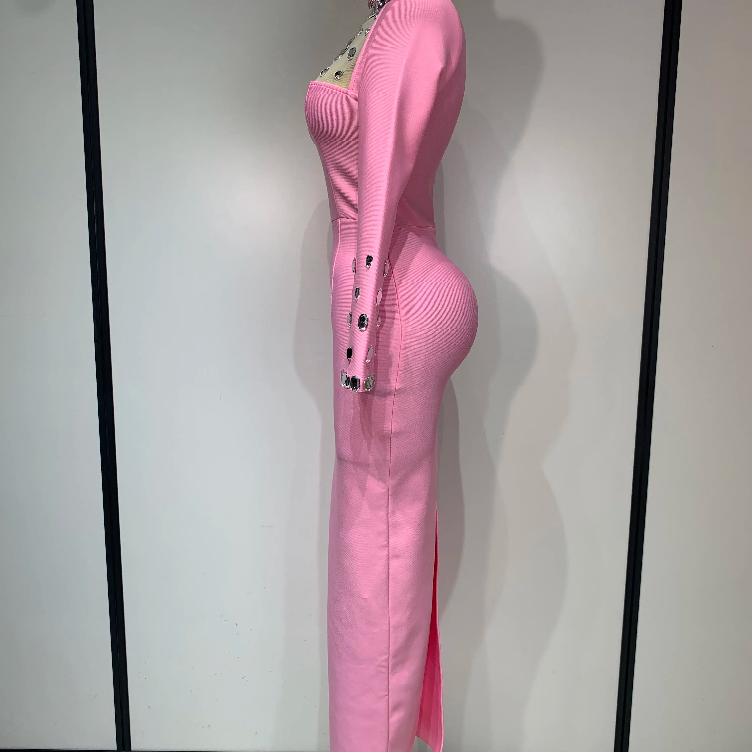 2025 Luxury Birthday Dresses Diamond Long Sleeve Pink Bodycon Bandage Dress Women Wedding Evening Prom Gowns