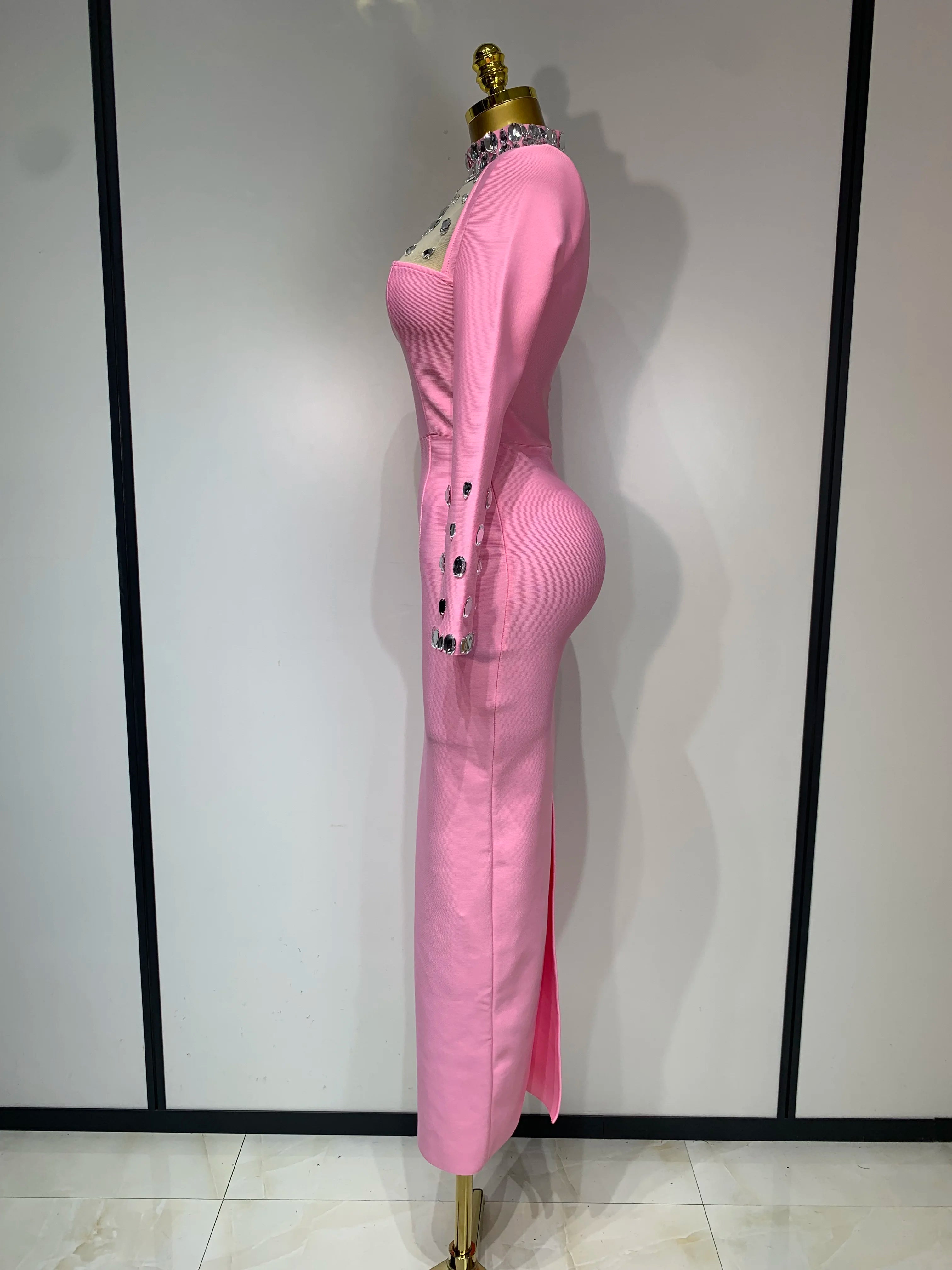 2025 Luxury Birthday Dresses Diamond Long Sleeve Pink Bodycon Bandage Dress Women Wedding Evening Prom Gowns