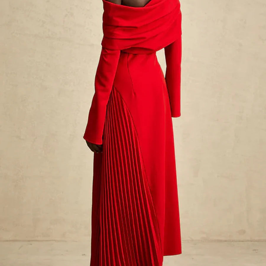 Solid Slimming Temperament Midi Dresses for Women Diagonal Neck Long Sleeves Minimalism Dress Female Clothing New