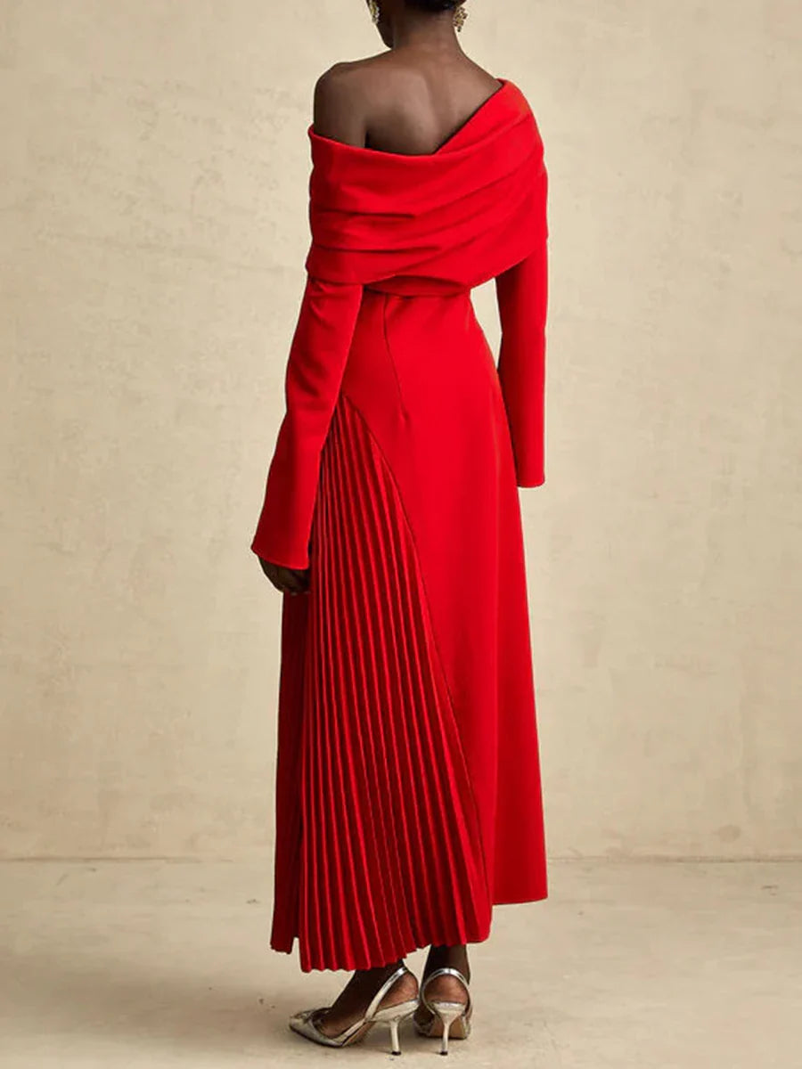 Solid Slimming Temperament Midi Dresses for Women Diagonal Neck Long Sleeves Minimalism Dress Female Clothing New