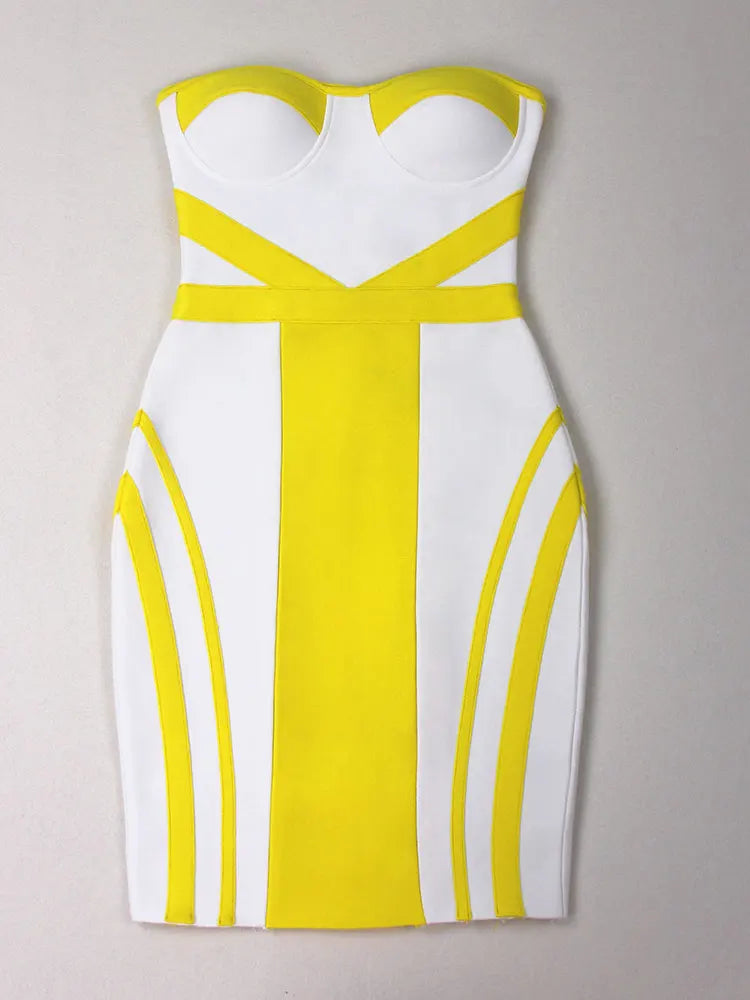 2024 Sexy Women'S Yellow Striped Patchwork White Bandage Dress Strapless Sleeveless Backless Bodycon Mini Dresses Party Vestidos
